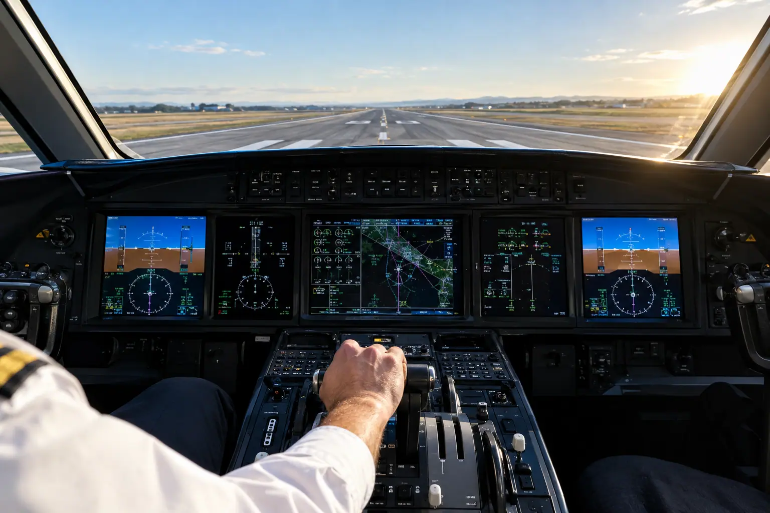 Business jet cockpit before departure