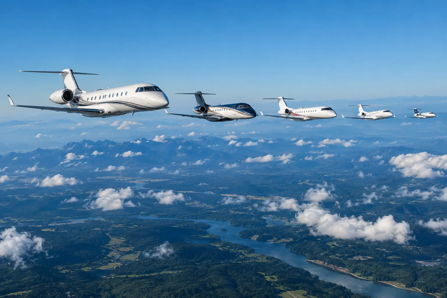 Business jets of different sizes on a ramp